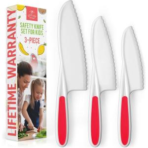imageZulay 3Piece Kids Knife Set for Real Cooking ampamp Baking  Toddler Knives for Cutting Fruits Veggies ampamp Cake  Childrens Montessori Knife with Serrated Edges  Safe ampamp Fun Lettuce Knife GreenRed