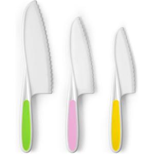 imageZulay 3Piece Kids Knife Set for Real Cooking ampamp Baking  Toddler Knives for Cutting Fruits Veggies ampamp Cake  Childrens Montessori Knife with Serrated Edges  Safe ampamp Fun Lettuce Knife GreenYellow  Pink  Light Green