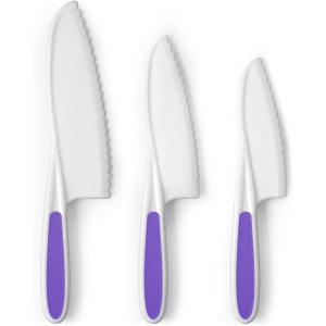 imageZulay 3Piece Kids Knife Set for Real Cooking ampamp Baking  Toddler Knives for Cutting Fruits Veggies ampamp Cake  Childrens Montessori Knife with Serrated Edges  Safe ampamp Fun Lettuce Knife GreenPurple
