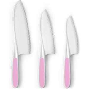 imageZulay 3Piece Kids Knife Set for Real Cooking ampamp Baking  Toddler Knives for Cutting Fruits Veggies ampamp Cake  Childrens Montessori Knife with Serrated Edges  Safe ampamp Fun Lettuce Knife GreenPink