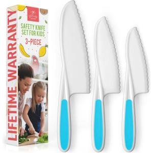 imageZulay 3Piece Kids Knife Set for Real Cooking ampamp Baking  Toddler Knives for Cutting Fruits Veggies ampamp Cake  Childrens Montessori Knife with Serrated Edges  Safe ampamp Fun Lettuce Knife GreenBlue