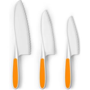imageZulay 3Piece Kids Knife Set for Real Cooking ampamp Baking  Toddler Knives for Cutting Fruits Veggies ampamp Cake  Childrens Montessori Knife with Serrated Edges  Safe ampamp Fun Lettuce Knife GreenApricot Orange