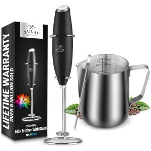 imageZulay Kitchen Powerful Milk Frother Handheld Foam Maker for Lattes and 12oz Stainless Steel Milk Frothing Pitcher