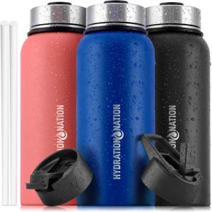 imageHydration Nation 3 Lid MultiSize Vacuum Insulated Water Bottles with Straw  Metal Water Bottle For Sports ampamp Outdoor  Thermo Stainless Steel Water Bottle  Perfect for Hot ampamp Cold Drinks BlueTwilight Blue