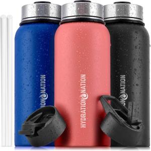imageHydration Nation 3 Lid MultiSize Vacuum Insulated Water Bottles with Straw  Metal Water Bottle For Sports ampamp Outdoor  Thermo Stainless Steel Water Bottle  Perfect for Hot ampamp Cold Drinks BluePeach