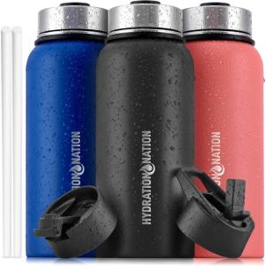 imageHydration Nation 3 Lid MultiSize Vacuum Insulated Water Bottles with Straw  Metal Water Bottle For Sports ampamp Outdoor  Thermo Stainless Steel Water Bottle  Perfect for Hot ampamp Cold Drinks BlueMidnight Black