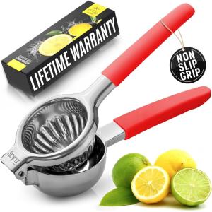 imageZulay Lemon Squeezer Stainless Steel with Premium Heavy Duty Solid Metal Squeezer Bowl and Food Grade Silicone Handles  Large Manual Citrus Press Juicer and Lime Squeezer Stainless Steel CranberryRed
