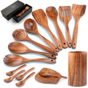 imageZulay Kitchen 10Piece Wooden Spoons for Cooking  Smooth Finish Teak Wooden Utensils for Cooking  Soft ComfortGrip Wood Spoons for Cooking  NonStick Wooden Cooking Utensils  Wooden Spoon Sets15 Piece SetGift Box