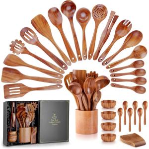 imageZulay Kitchen 10Piece Wooden Spoons for Cooking  Smooth Finish Teak Wooden Utensils for Cooking  Soft ComfortGrip Wood Spoons for Cooking  NonStick Wooden Cooking Utensils  Wooden Spoon Sets30 Piece SetGift Box