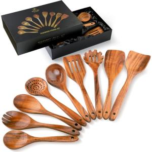 imageZulay Kitchen 10Piece Wooden Spoons for Cooking  Smooth Finish Teak Wooden Utensils for Cooking  Soft ComfortGrip Wood Spoons for Cooking  NonStick Wooden Cooking Utensils  Wooden Spoon SetsWooden Cooking Utensils