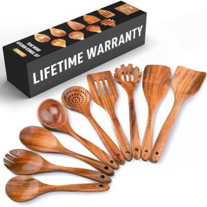 imageZulay Kitchen 10Piece Wooden Spoons for Cooking  Smooth Finish Teak Wooden Utensils for Cooking  Soft ComfortGrip Wood Spoons for Cooking  NonStick Wooden Cooking Utensils  Wooden Spoon Sets9Piece Set