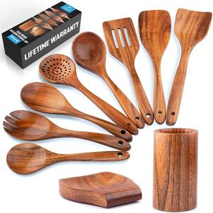 imageZulay Kitchen 10Piece Wooden Spoons for Cooking  Smooth Finish Teak Wooden Utensils for Cooking  Soft ComfortGrip Wood Spoons for Cooking  NonStick Wooden Cooking Utensils  Wooden Spoon Sets10Piece Set