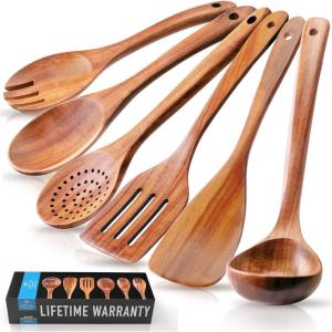 imageZulay Kitchen 10Piece Wooden Spoons for Cooking  Smooth Finish Teak Wooden Utensils for Cooking  Soft ComfortGrip Wood Spoons for Cooking  NonStick Wooden Cooking Utensils  Wooden Spoon SetsLarge 6Piece Set