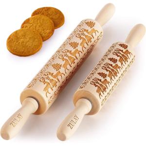 imageZulay Set of 2 Embossed Rolling Pin  Wooden Carved Christmas Rolling Pin  Large ampamp Small Rolling Pins With Designs For Baking  Deep Engraved Rolling Pin with Reindeer Christmas Pattern Design