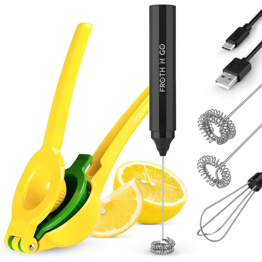 imageZulay Metal 2In1 Lemon Lime Squeezer  Hand Juicer Lemon Squeezer Gets Every Last Drop and Powerful Rechargeable Travel Milk Frother with Case  Froth N Go Compact Handheld Foam Maker