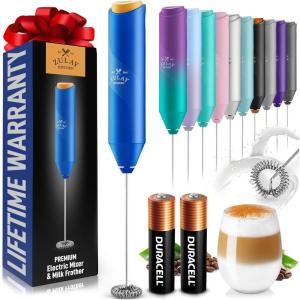 imageZulay Kitchen Powerful Milk Frother Wand  Mini Milk Frother Handheld Stainless Steel  Battery Operated Drink Mixer for Coffee Lattes Cappuccino Matcha  Froth Mate Milk Frother Gift  WhiteBlue with Gold Button  2B