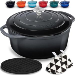 imageZulay Kitchen 6 Quart Enameled Cast Iron Dutch Oven with Lid  Premium Durability ampamp Oven Safe up to 500F  Heavy Duty Cookware Perfect for Bread Baking Stews Braising ampamp Roasting  RedOnyx Black