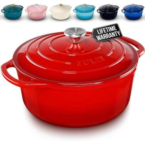 imageZulay Kitchen 6 Quart Enameled Cast Iron Dutch Oven with Lid  Premium Durability ampamp Oven Safe up to 500F  Heavy Duty Cookware Perfect for Bread Baking Stews Braising ampamp Roasting  RedRuby Red