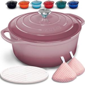imageZulay Kitchen 6 Quart Enameled Cast Iron Dutch Oven with Lid  Premium Durability ampamp Oven Safe up to 500F  Heavy Duty Cookware Perfect for Bread Baking Stews Braising ampamp Roasting  RedPink