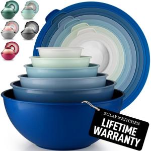 imageZulay Kitchen 12 Piece Plastic Mixing Bowls with LeakProof Lids Set  Microwave and Freezer Safe Kitchen Mixing Bowls for Preparing Serving and Storing  Large Nesting Bowls Blue OmbreAqua Blue