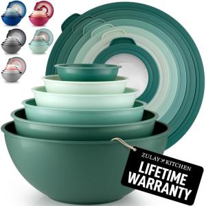 imageZulay Kitchen 12 Piece Plastic Mixing Bowls with LeakProof Lids Set  Microwave and Freezer Safe Kitchen Mixing Bowls for Preparing Serving and Storing  Large Nesting Bowls Blue OmbreTeal
