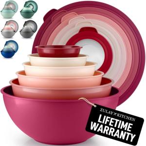 imageZulay Kitchen 12 Piece Plastic Mixing Bowls with LeakProof Lids Set  Microwave and Freezer Safe Kitchen Mixing Bowls for Preparing Serving and Storing  Large Nesting Bowls Blue OmbreRed