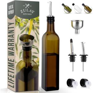 imageZulay Kitchen 17oz Olive Oil Dispenser Bottle  Glass Oil Cruet with Spout Funnel ampamp Pourers EasyPour Decanter for Kitchen Cooking and Serving GreenDark Brown