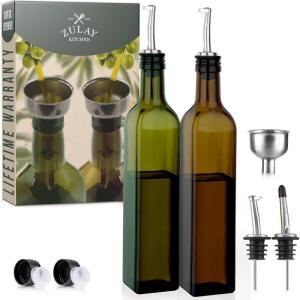 imageZulay Kitchen 17oz Olive Oil Dispenser Bottle  Glass Oil Cruet with Spout Funnel ampamp Pourers EasyPour Decanter for Kitchen Cooking and Serving GreenGreen  Brown