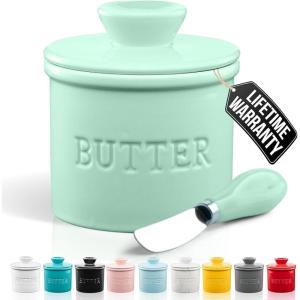 imageZulay Kitchen Butter Crock With Lid ampamp Spreader Knife for Countertop  Ceramic French Butter Dish Keeper For Fresh ampamp Spreadable Butter  WhiteMint