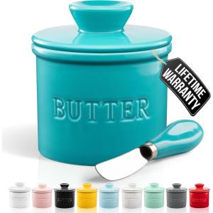 imageZulay Kitchen Butter Crock With Lid ampamp Spreader Knife for Countertop  Ceramic French Butter Dish Keeper For Fresh ampamp Spreadable Butter  WhiteTurqoise