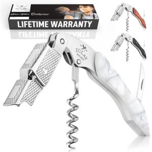 imageZulay Kitchen Corkscrew Wine Opener  Premium 420 Stainless Steel ampamp Rosewood Wine Bottle Opener  Double Hinged Opener with Foil Cutter ampamp Cap Remover  RosewoodResin