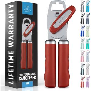 imageZulay Kitchen Heavy Duty Stainless Steel Can Opener Manual with Bottle Opener  Rust Proof Manual Can Opener With Turn Knob ampamp Soft Grip Handles  BlackRed