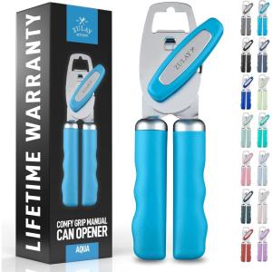 imageZulay Kitchen Heavy Duty Stainless Steel Can Opener Manual with Bottle Opener  Rust Proof Manual Can Opener With Turn Knob ampamp Soft Grip Handles  BlackAqua