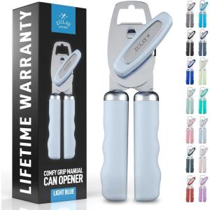 imageZulay Kitchen Heavy Duty Stainless Steel Can Opener Manual with Bottle Opener  Rust Proof Manual Can Opener With Turn Knob ampamp Soft Grip Handles  BlackLight Blue