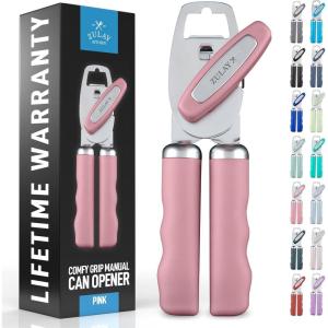 imageZulay Kitchen Heavy Duty Stainless Steel Can Opener Manual with Bottle Opener  Rust Proof Manual Can Opener With Turn Knob ampamp Soft Grip Handles  BlackPink