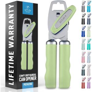 imageZulay Kitchen Heavy Duty Stainless Steel Can Opener Manual with Bottle Opener  Rust Proof Manual Can Opener With Turn Knob ampamp Soft Grip Handles  BlackPistachio