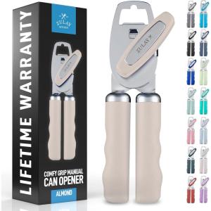 imageZulay Kitchen Heavy Duty Stainless Steel Can Opener Manual with Bottle Opener  Rust Proof Manual Can Opener With Turn Knob ampamp Soft Grip Handles  BlackAlmond