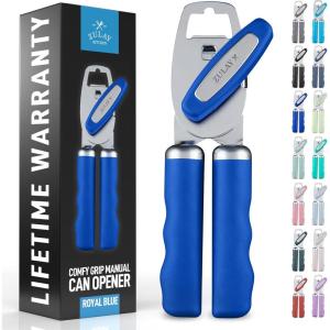 imageZulay Kitchen Heavy Duty Stainless Steel Can Opener Manual with Bottle Opener  Rust Proof Manual Can Opener With Turn Knob ampamp Soft Grip Handles  BlackRoyal Blue