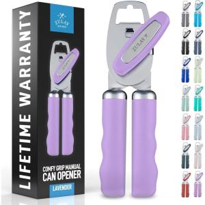 imageZulay Kitchen Heavy Duty Stainless Steel Can Opener Manual with Bottle Opener  Rust Proof Manual Can Opener With Turn Knob ampamp Soft Grip Handles  BlackLavender
