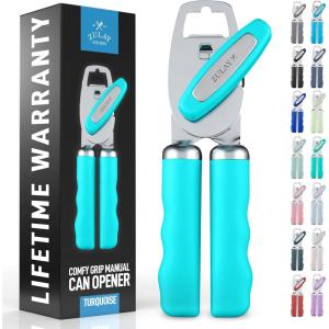 imageZulay Kitchen Heavy Duty Stainless Steel Can Opener Manual with Bottle Opener  Rust Proof Manual Can Opener With Turn Knob ampamp Soft Grip Handles  BlackTurquoise