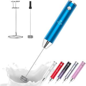 imageZulay Kitchen Lux Rechargeable Milk Frother Handheld  Powerful 2Speed Motor Fully Waterproof 2000mAh Battery  Drink Mixer For Latte Cappuccino Matcha Protein Powder  BlackMetallic Blue