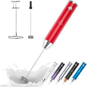 imageZulay Kitchen Lux Rechargeable Milk Frother Handheld  Powerful 2Speed Motor Fully Waterproof 2000mAh Battery  Drink Mixer For Latte Cappuccino Matcha Protein Powder  BlackRed