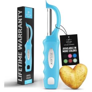imageZulay Kitchen Premium Vegetable Peeler for Kitchen  Swivel Peeler with Razor Sharp Stainless Steel Blades ampamp Strong Ergonomic Handle  Dishwasher Safe Easy To Use with Blemish Remover  BlackLight Blue