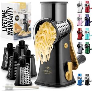 imageZulay Kitchen Rotary Cheese Grater 5 Blade Cheese Shredder  Manual Hand Crank Cheese Grater With Reinforced Suction ampamp 5 Interchangeable Drums  Easy to Use Vegetable Chopper Round Mandoline SlicerBlack and Gold