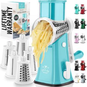 imageZulay Kitchen Rotary Cheese Grater 5 Blade Cheese Shredder  Manual Hand Crank Cheese Grater With Reinforced Suction ampamp 5 Interchangeable Drums  Easy to Use Vegetable Chopper Round Mandoline SlicerWhite and Light Blue