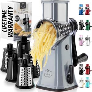 imageZulay Kitchen Rotary Cheese Grater 5 Blade Cheese Shredder  Manual Hand Crank Cheese Grater With Reinforced Suction ampamp 5 Interchangeable Drums  Easy to Use Vegetable Chopper Round Mandoline SlicerGray and Black