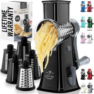 imageZulay Kitchen Rotary Cheese Grater 5 Blade Cheese Shredder  Manual Hand Crank Cheese Grater With Reinforced Suction ampamp 5 Interchangeable Drums  Easy to Use Vegetable Chopper Round Mandoline SlicerBlack Gray