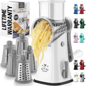 imageZulay Kitchen Rotary Cheese Grater 5 Blade Cheese Shredder  Manual Hand Crank Cheese Grater With Reinforced Suction ampamp 5 Interchangeable Drums  Easy to Use Vegetable Chopper Round Mandoline SlicerGray and White