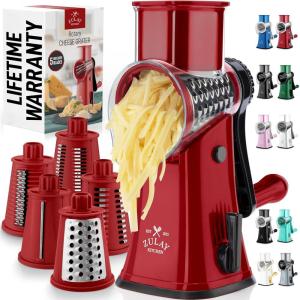 imageZulay Kitchen Rotary Cheese Grater 5 Blade Cheese Shredder  Manual Hand Crank Cheese Grater With Reinforced Suction ampamp 5 Interchangeable Drums  Easy to Use Vegetable Chopper Round Mandoline SlicerMaroon