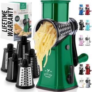 imageZulay Kitchen Rotary Cheese Grater 5 Blade Cheese Shredder  Manual Hand Crank Cheese Grater With Reinforced Suction ampamp 5 Interchangeable Drums  Easy to Use Vegetable Chopper Round Mandoline SlicerBlack and Green